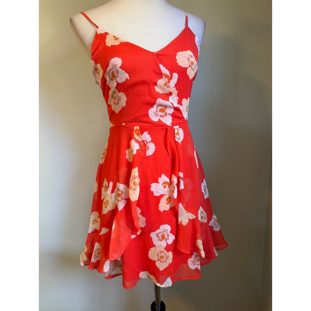 Red Floral Mini Dress Sm Surplice Ruffle Tie resort boho whimsi dainty cottage